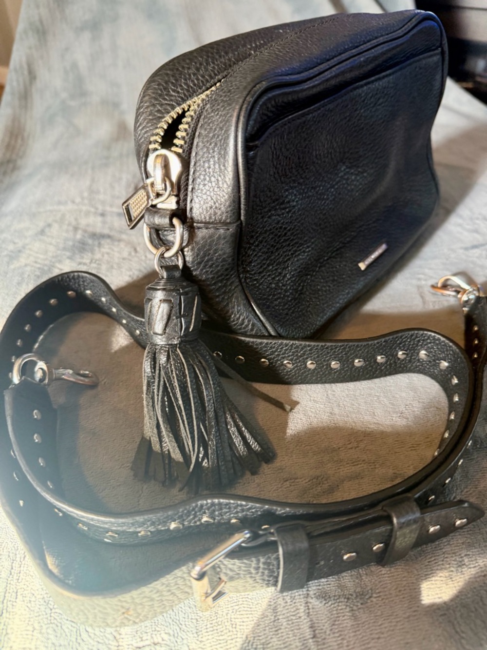 Rebecca Minkoff Black Pebbled Leather Tassel Crossbody with Studded Strap